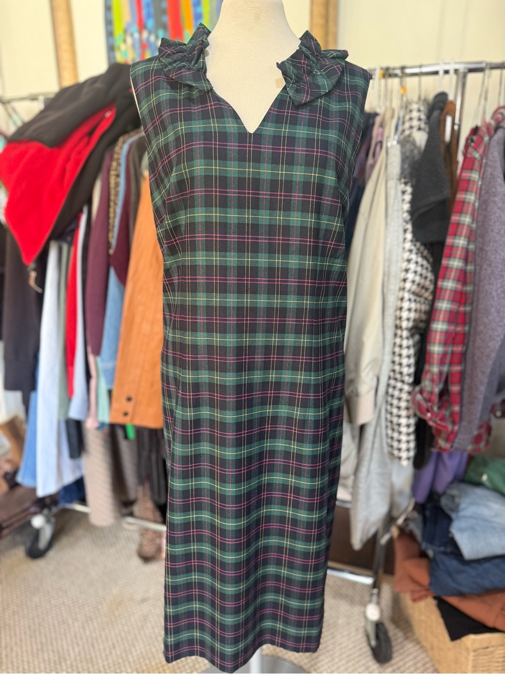 Talbots Green Plaid Sleeveless Ruffle-Neck Dress